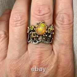 Ancienne Bague Argent Massif Or Opale Et Émeraudes Créateur Design