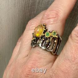 Ancienne Bague Argent Massif Or Opale Et Émeraudes Créateur Design