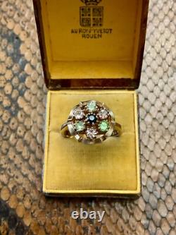 Ancienne Bague Argent Massif Or Rose Vermeil 7 Tourmalines Véritables