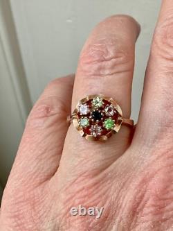 Ancienne Bague Argent Massif Or Rose Vermeil 7 Tourmalines Véritables