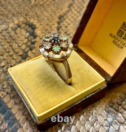 Ancienne Bague Argent Massif Or Rose Vermeil 7 Tourmalines Véritables