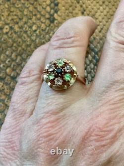 Ancienne Bague Argent Massif Or Rose Vermeil 7 Tourmalines Véritables
