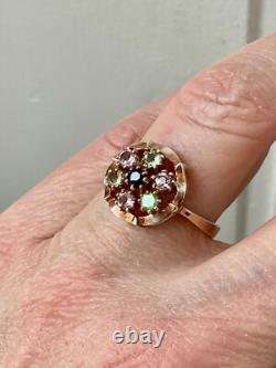 Ancienne Bague Argent Massif Or Rose Vermeil 7 Tourmalines Véritables