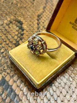 Ancienne Bague Argent Massif Or Rose Vermeil 7 Tourmalines Véritables