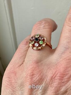 Ancienne Bague Argent Massif Or Rose Vermeil 7 Tourmalines Véritables