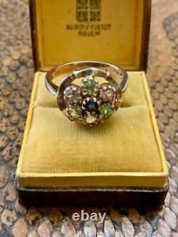 Ancienne Bague Argent Massif Or Rose Vermeil 7 Tourmalines Véritables