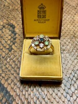 Ancienne Bague Argent Massif Or Rose Vermeil 7 Tourmalines Véritables