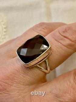 Ancienne Bague Argent Massif Ouvragée Imposante Topaze Fumé Taille Coussin