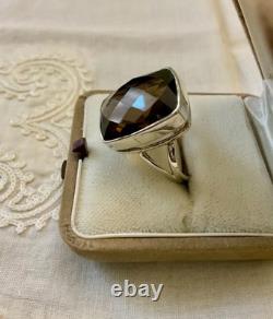Ancienne Bague Argent Massif Ouvragée Imposante Topaze Fumé Taille Coussin