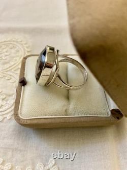 Ancienne Bague Argent Massif Ouvragée Imposante Topaze Fumé Taille Coussin
