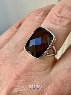 Ancienne Bague Argent Massif Ouvragée Imposante Topaze Fumé Taille Coussin