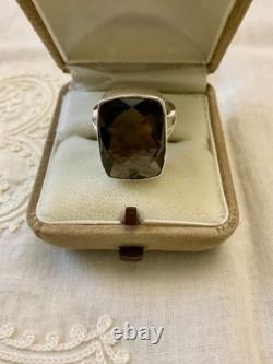 Ancienne Bague Argent Massif Ouvragée Imposante Topaze Fumé Taille Coussin