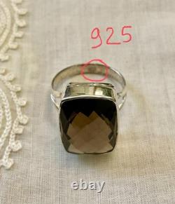 Ancienne Bague Argent Massif Ouvragée Imposante Topaze Fumé Taille Coussin
