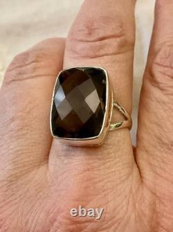 Ancienne Bague Argent Massif Ouvragée Imposante Topaze Fumé Taille Coussin