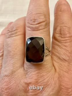 Ancienne Bague Argent Massif Ouvragée Imposante Topaze Fumé Taille Coussin