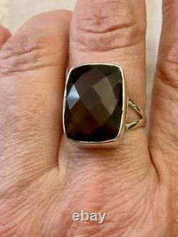 Ancienne Bague Argent Massif Ouvragée Imposante Topaze Fumé Taille Coussin