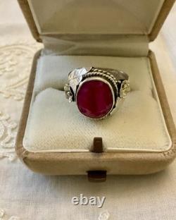 Ancienne Bague Argent Massif Ouvragée Sculpté Véritable Rubis Imposant