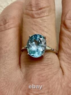 Ancienne Bague Argent Massif/or Blanc Vermeil, Topaze Bleue Véritable