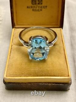 Ancienne Bague Argent Massif/or Blanc Vermeil, Topaze Bleue Véritable