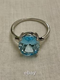 Ancienne Bague Argent Massif/or Blanc Vermeil, Topaze Bleue Véritable