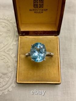 Ancienne Bague Argent Massif/or Blanc Vermeil, Topaze Bleue Véritable