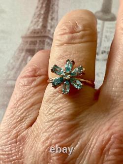 Ancienne Bague Argent Massif/or Rose 7 Topazes Bleues Véritables Fleur
