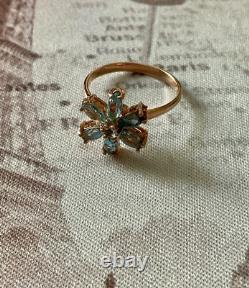 Ancienne Bague Argent Massif/or Rose 7 Topazes Bleues Véritables Fleur