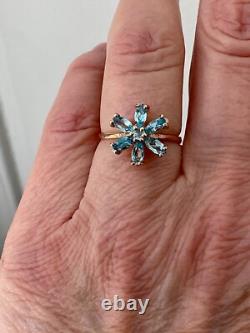Ancienne Bague Argent Massif/or Rose 7 Topazes Bleues Véritables Fleur