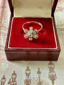 Ancienne Bague Argent Massif/or Rose 7 Topazes Bleues Véritables Fleur