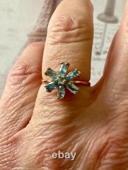 Ancienne Bague Argent Massif/or Rose 7 Topazes Bleues Véritables Fleur