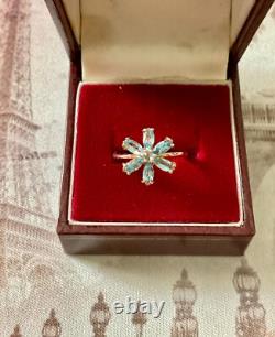 Ancienne Bague Argent Massif/or Rose 7 Topazes Bleues Véritables Fleur