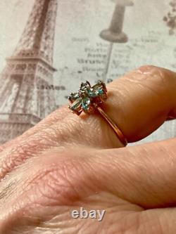 Ancienne Bague Argent Massif/or Rose 7 Topazes Bleues Véritables Fleur