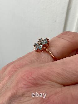 Ancienne Bague Argent Massif/or Rose 7 Topazes Bleues Véritables Fleur