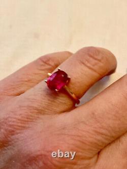 Ancienne Bague Argent Massif/or Rose Solitaire Rubis Véritable Taille 55