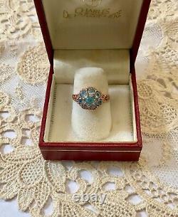 Ancienne Bague Argent Massif/or Rose Vermeil 8 Topazes Bleues Véritables