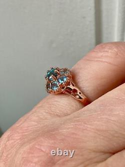 Ancienne Bague Argent Massif/or Rose Vermeil 8 Topazes Bleues Véritables