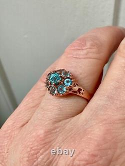 Ancienne Bague Argent Massif/or Rose Vermeil 8 Topazes Bleues Véritables