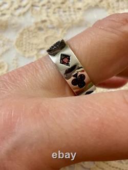 Ancienne Bague Art Deco Argent Massif Jeu Cartes Pique Carreau Trefle Coeur