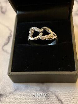 Ancienne Bague Coeurs 17 Diamants Véritables Argent Massif Taille 55