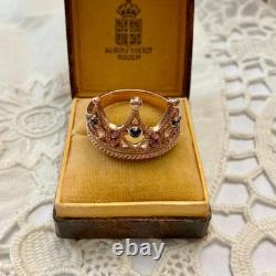 Ancienne Bague Couronne Belle Tourmaline Saphir Argent Massif /or Rose Vermeil