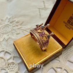 Ancienne Bague Couronne Belle Tourmaline Saphir Argent Massif /or Rose Vermeil
