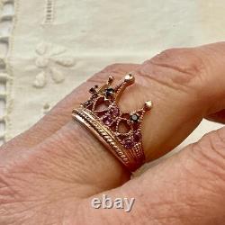 Ancienne Bague Couronne Belle Tourmaline Saphir Argent Massif /or Rose Vermeil