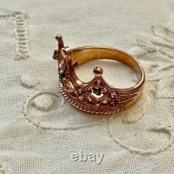 Ancienne Bague Couronne Belle Tourmaline Saphir Argent Massif /or Rose Vermeil