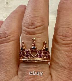 Ancienne Bague Couronne Belle Tourmaline Saphir Argent Massif /or Rose Vermeil
