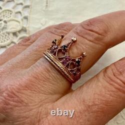 Ancienne Bague Couronne Belle Tourmaline Saphir Argent Massif /or Rose Vermeil