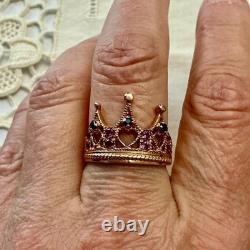 Ancienne Bague Couronne Belle Tourmaline Saphir Argent Massif /or Rose Vermeil