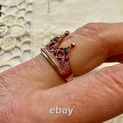 Ancienne Bague Couronne Belle Tourmaline Saphir Argent Massif /or Rose Vermeil