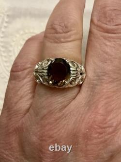 Ancienne Bague En Argent Massif Très Ouvragé Belle Topaze Fumée