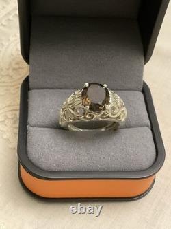 Ancienne Bague En Argent Massif Très Ouvragé Belle Topaze Fumée