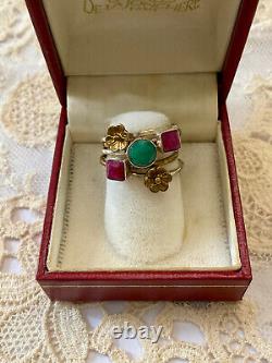 Ancienne Bague Harem 5 En 1 Argent Massif Et Or -fleur Rubis Emeraude Naturels